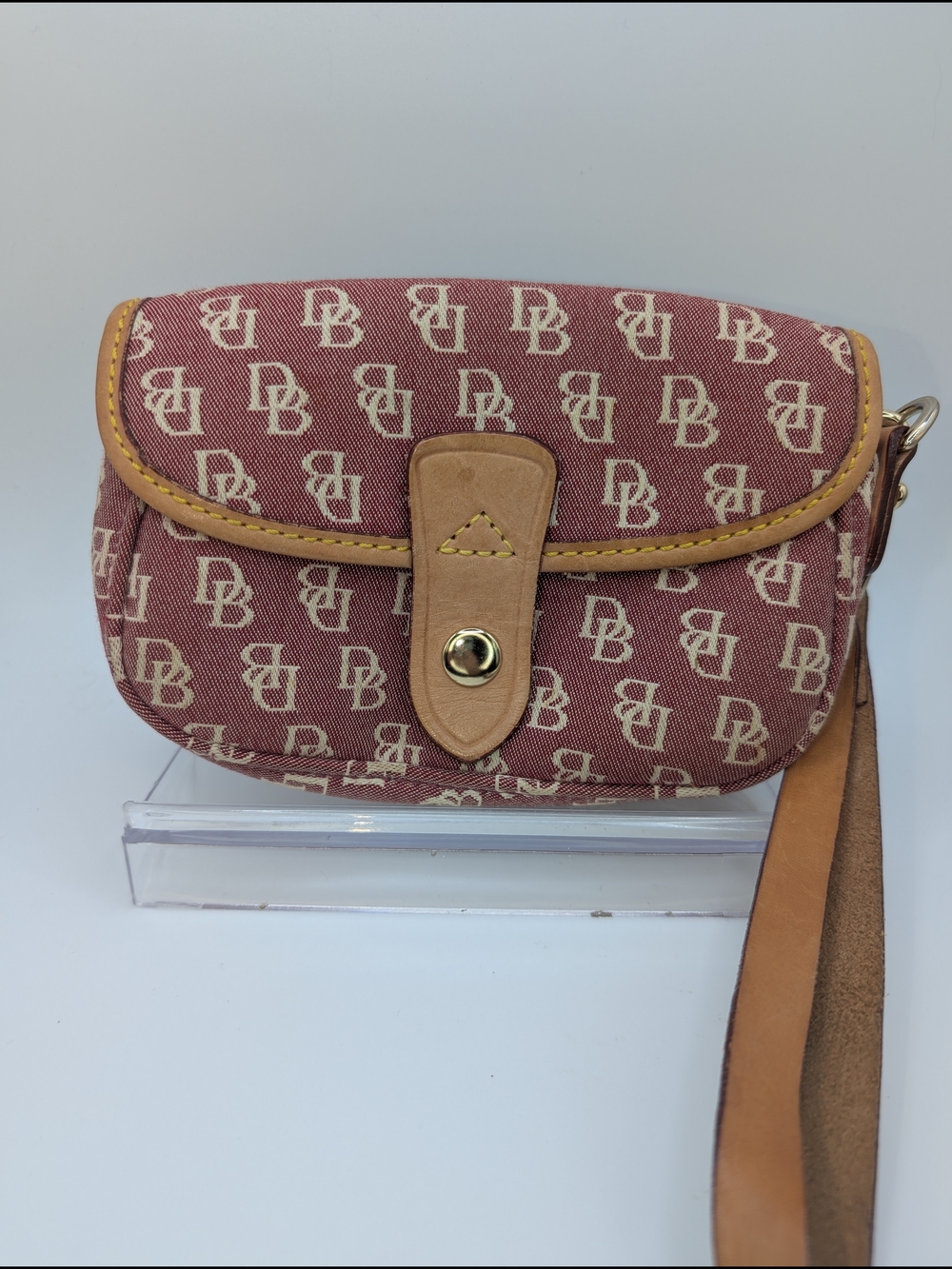Dooney & Bourke Monogram Red Canvas Wristlet with Tan Leather Trim